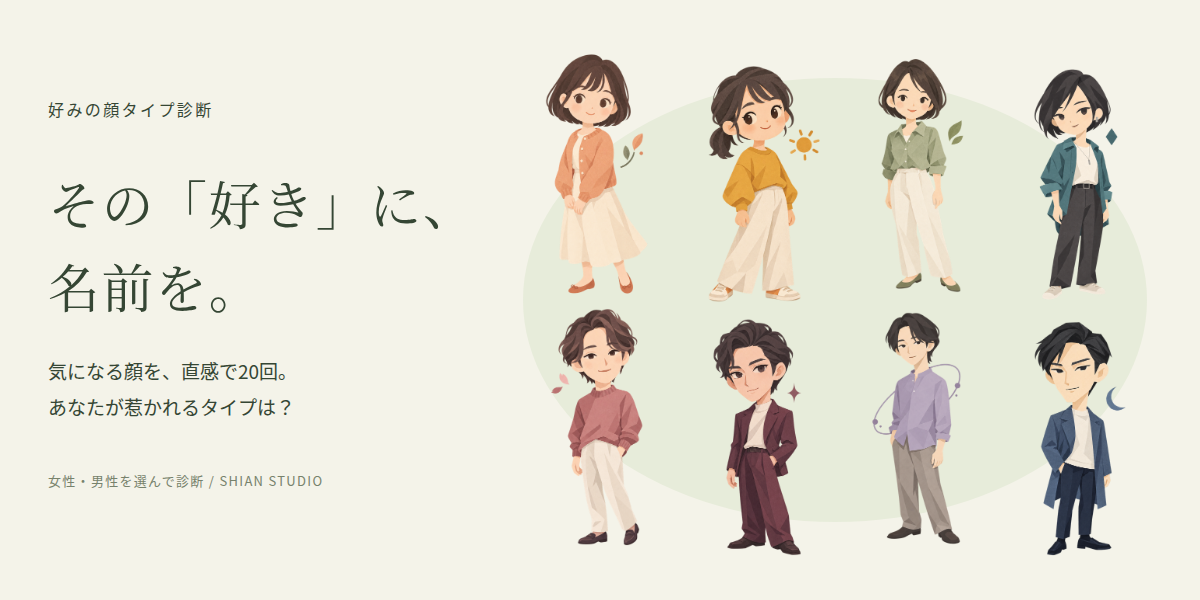 好みの顔タイプ診断の紹介画像。キャッチコピーと男女8人のキャラクター。